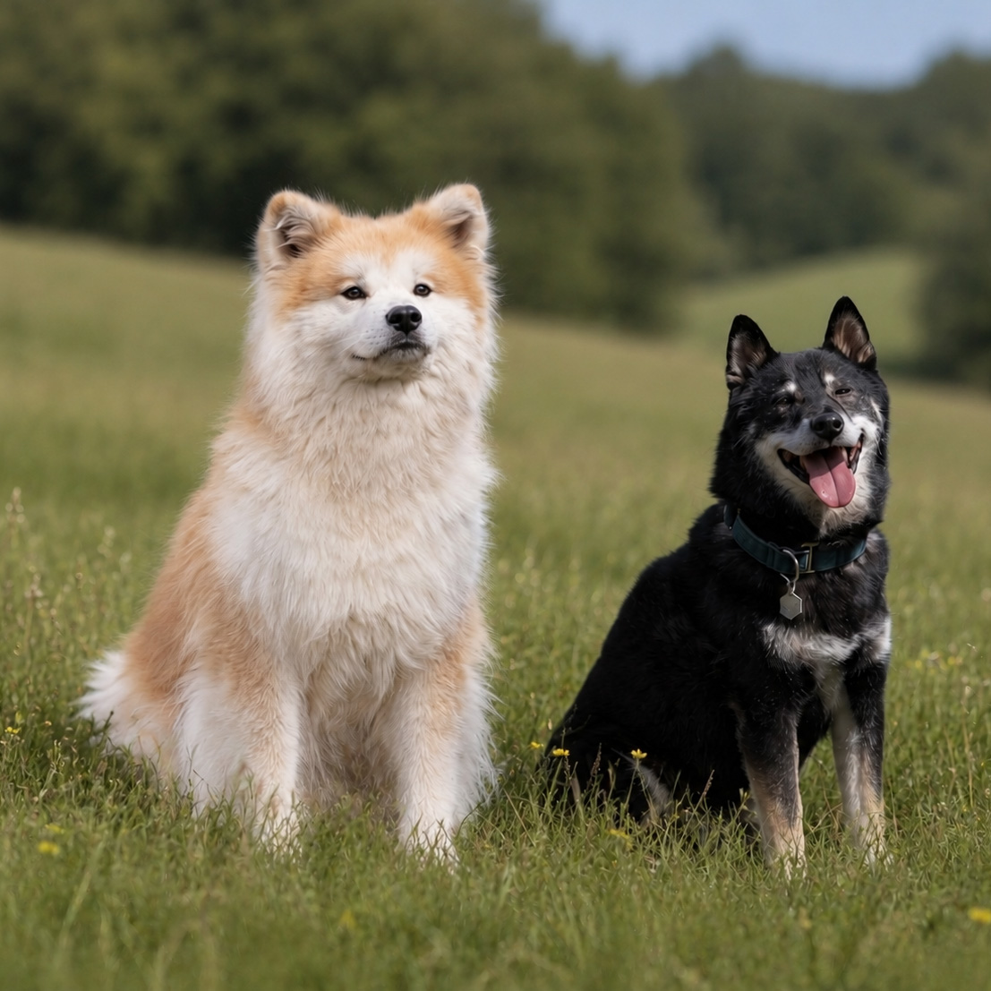 Een Akita Inu en een Shiba Inu zij aan zij in een weiland