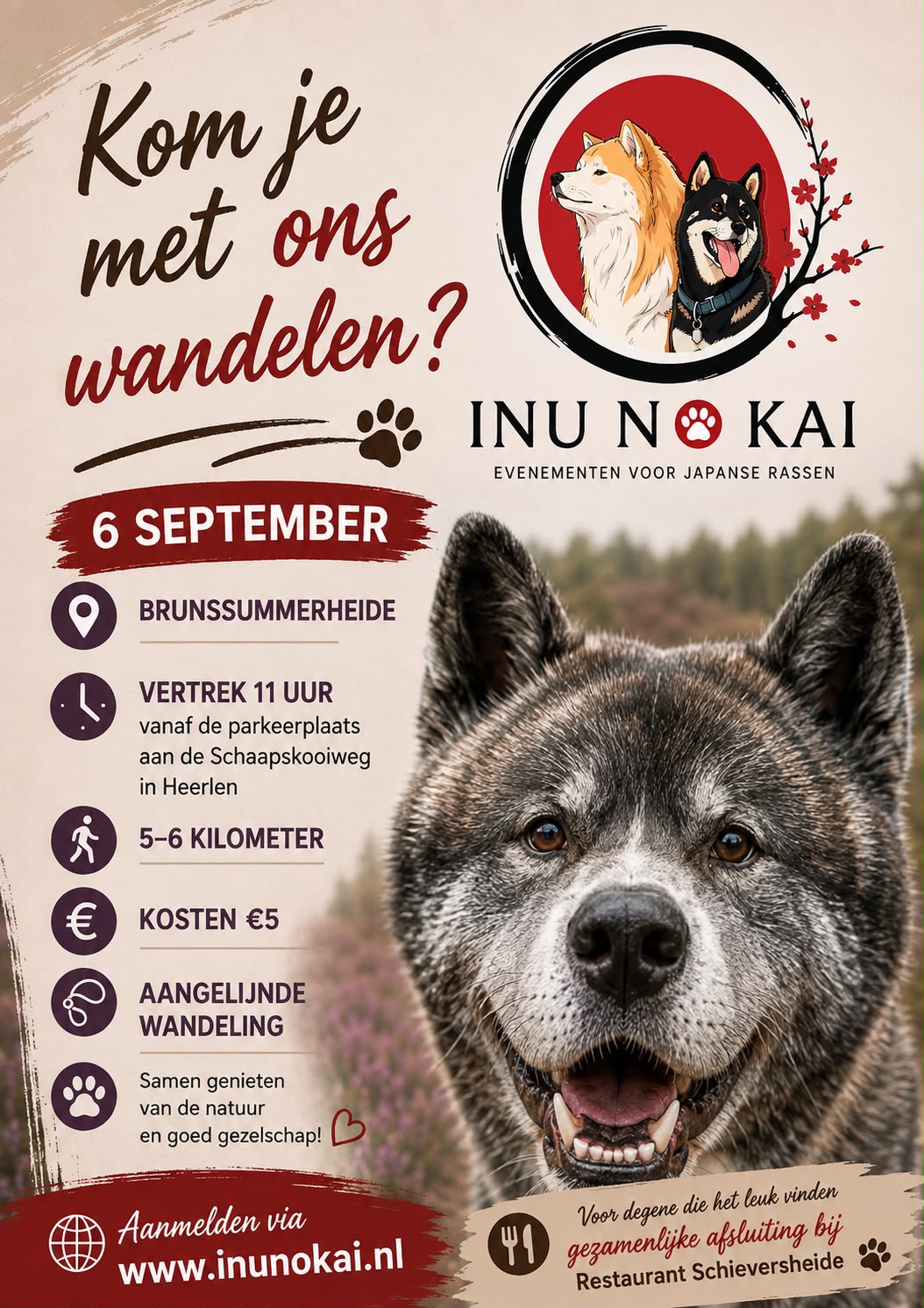 Poster: Kom je met ons wandelen? 6 september, Brunssummerheide, vertrek 11 uur vanaf de parkeerplaats aan de Schaapskooiweg in Heerlen, 5 tot 6 kilometer, kosten 5 euro, aangelijnde wandeling